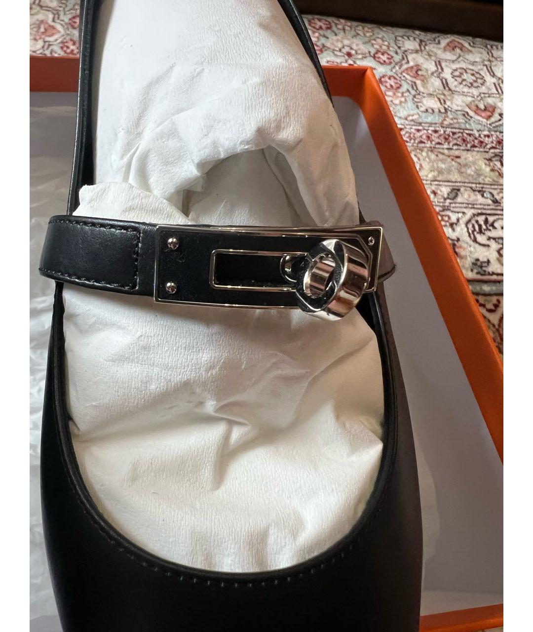 HERMES Черные кожаные лодочки на низком каблуке, фото 6