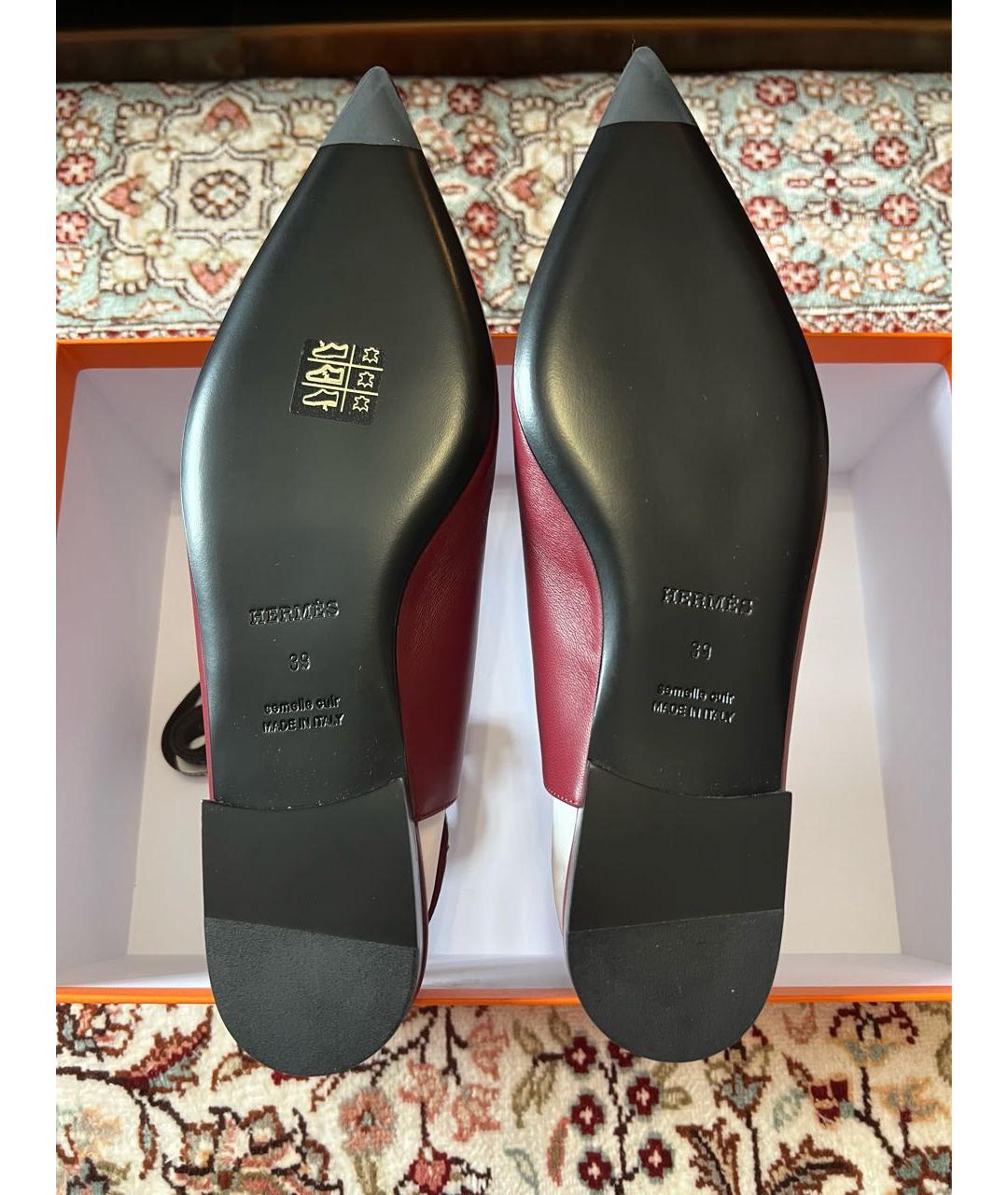 HERMES Бордовые кожаные лодочки на низком каблуке, фото 5