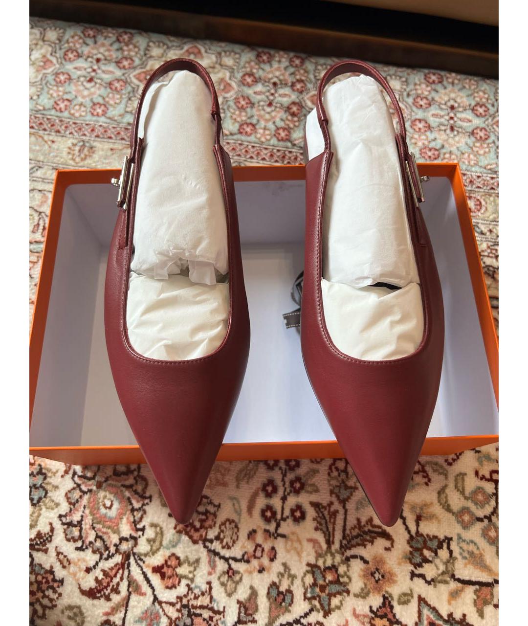 HERMES Бордовые кожаные лодочки на низком каблуке, фото 2