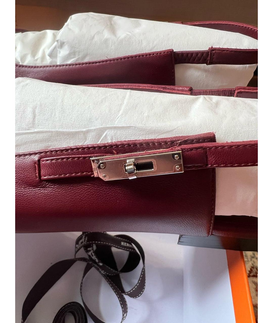 HERMES Бордовые кожаные лодочки на низком каблуке, фото 7