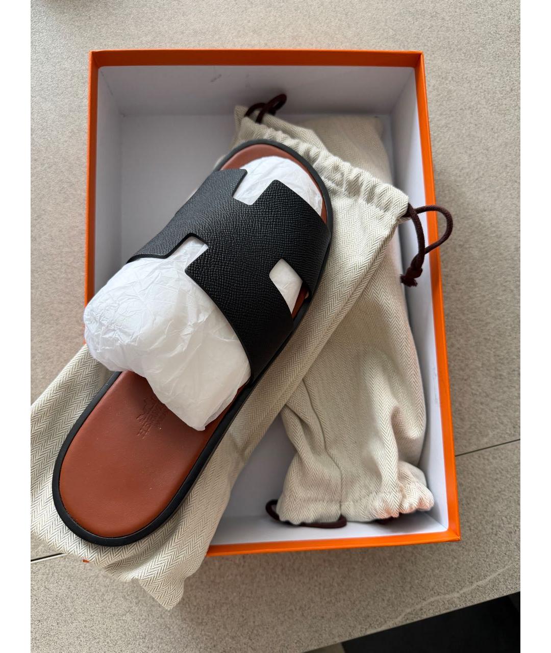 HERMES Черные кожаные шлепанцы, фото 2