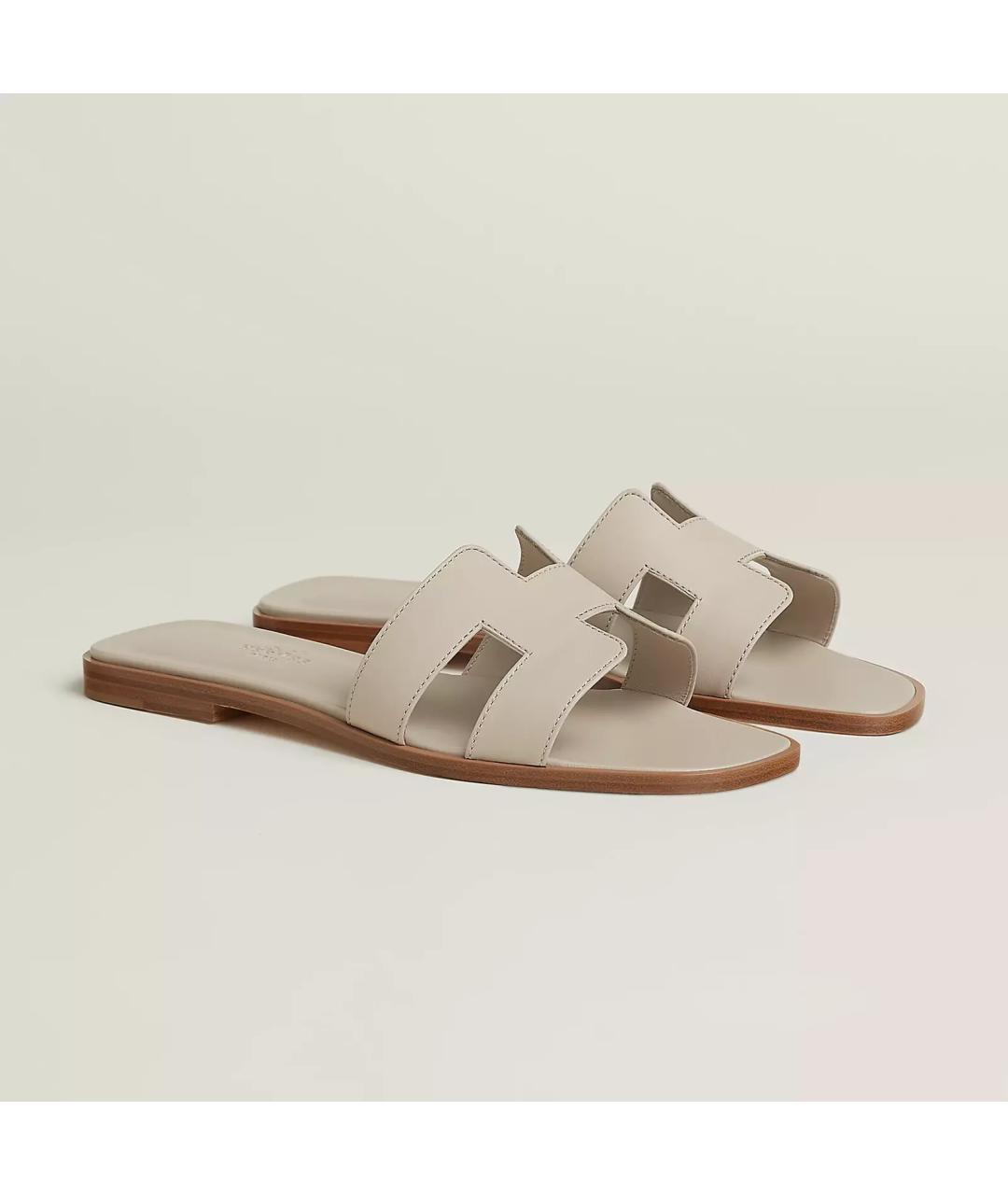 HERMES Бежевые кожаные шлепанцы, фото 3