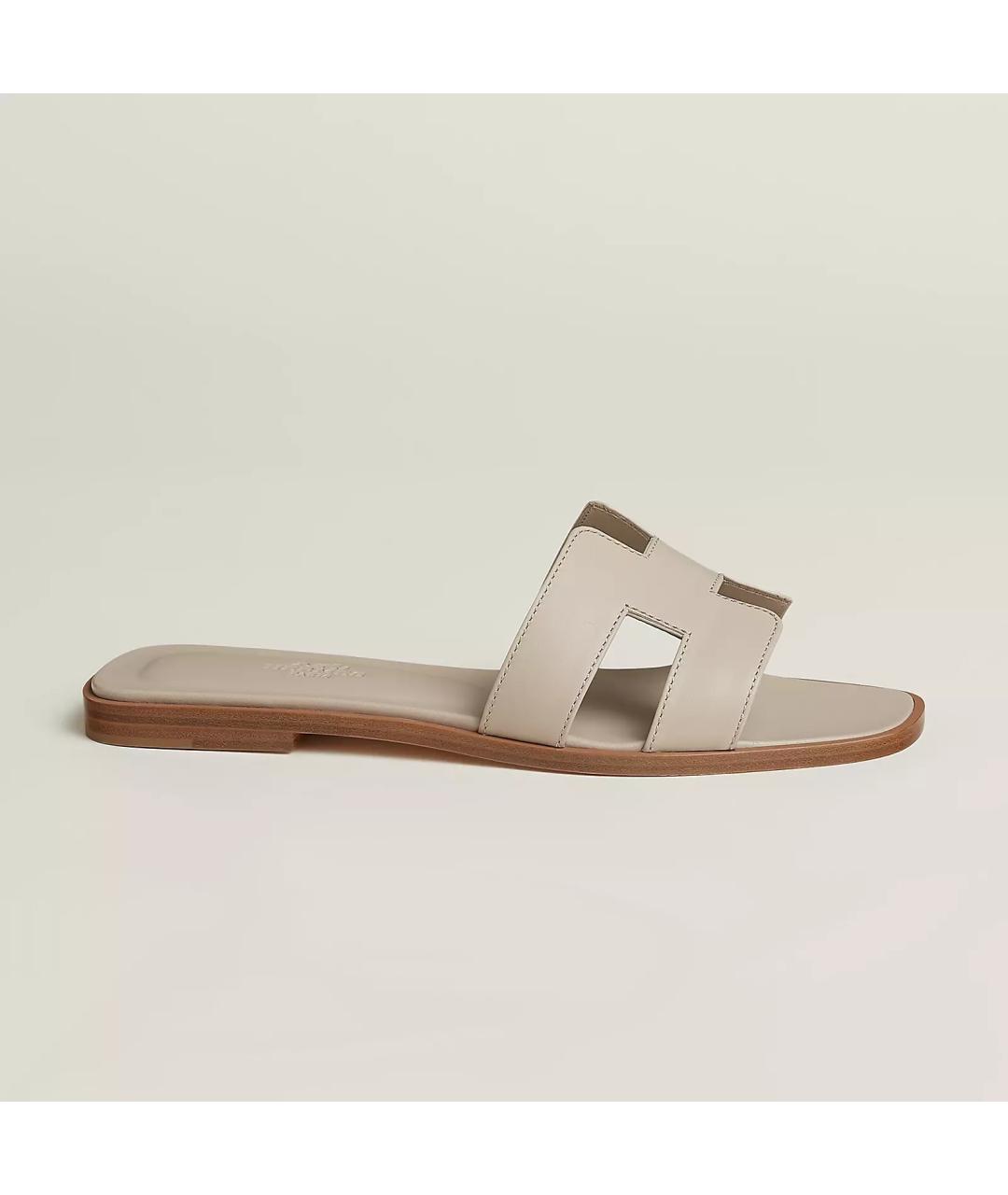 HERMES Бежевые кожаные шлепанцы, фото 7