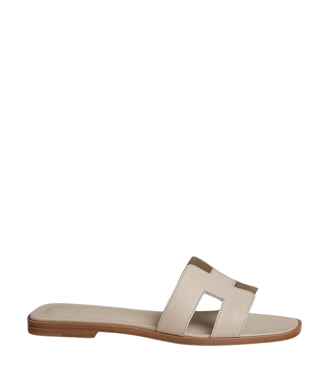 HERMES Бежевые кожаные шлепанцы, фото 1