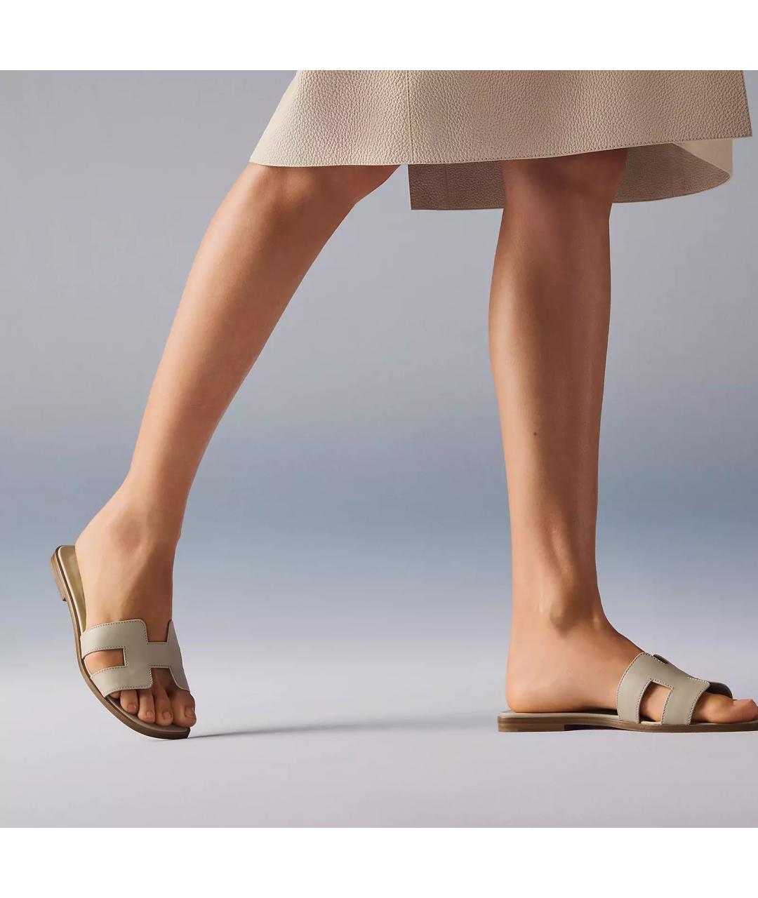 HERMES Бежевые кожаные шлепанцы, фото 6