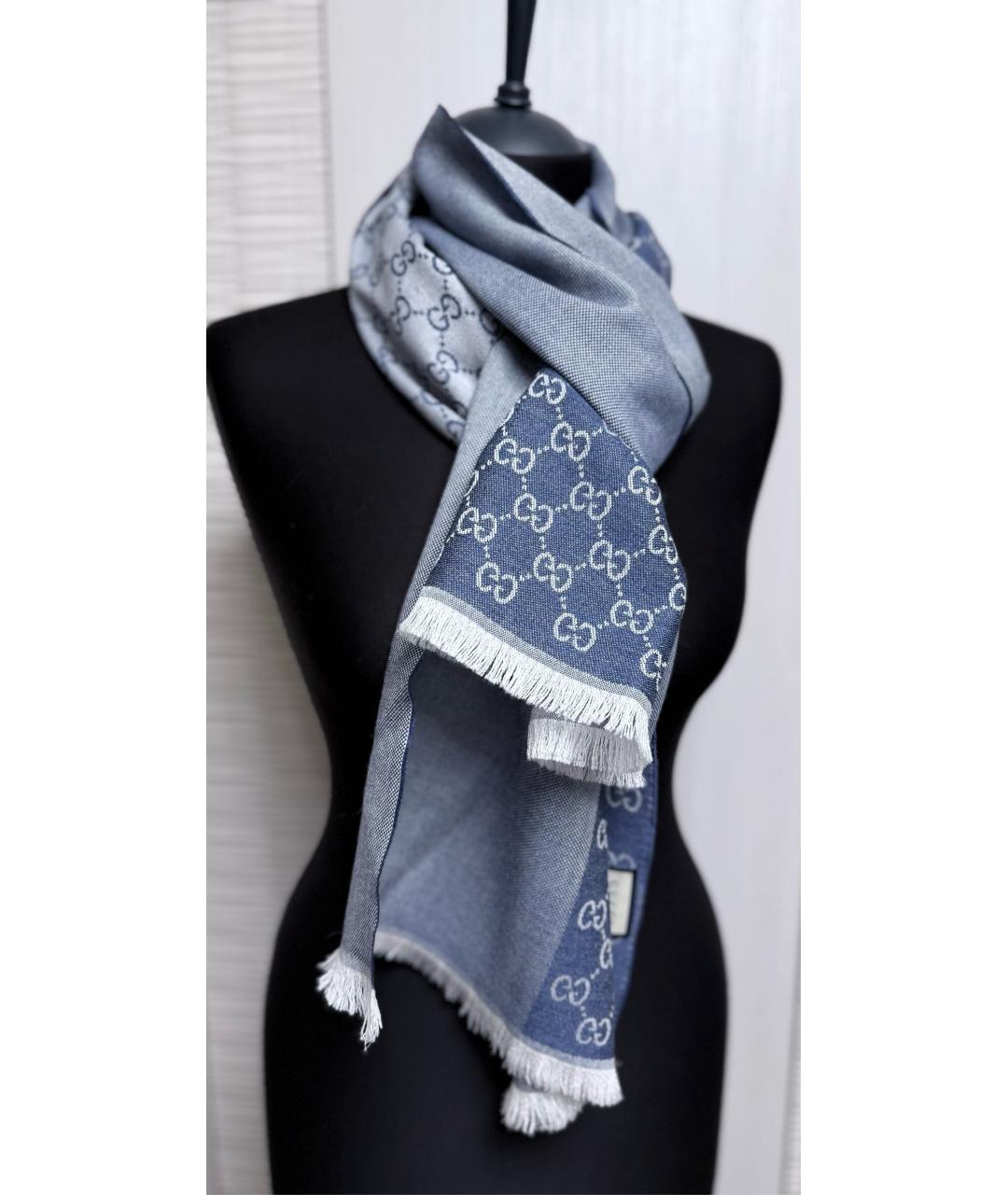 GUCCI Синий шерстяной шарф, фото 7