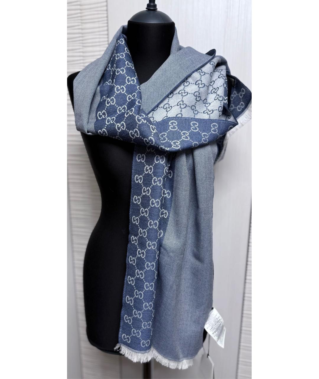 GUCCI Синий шерстяной шарф, фото 3