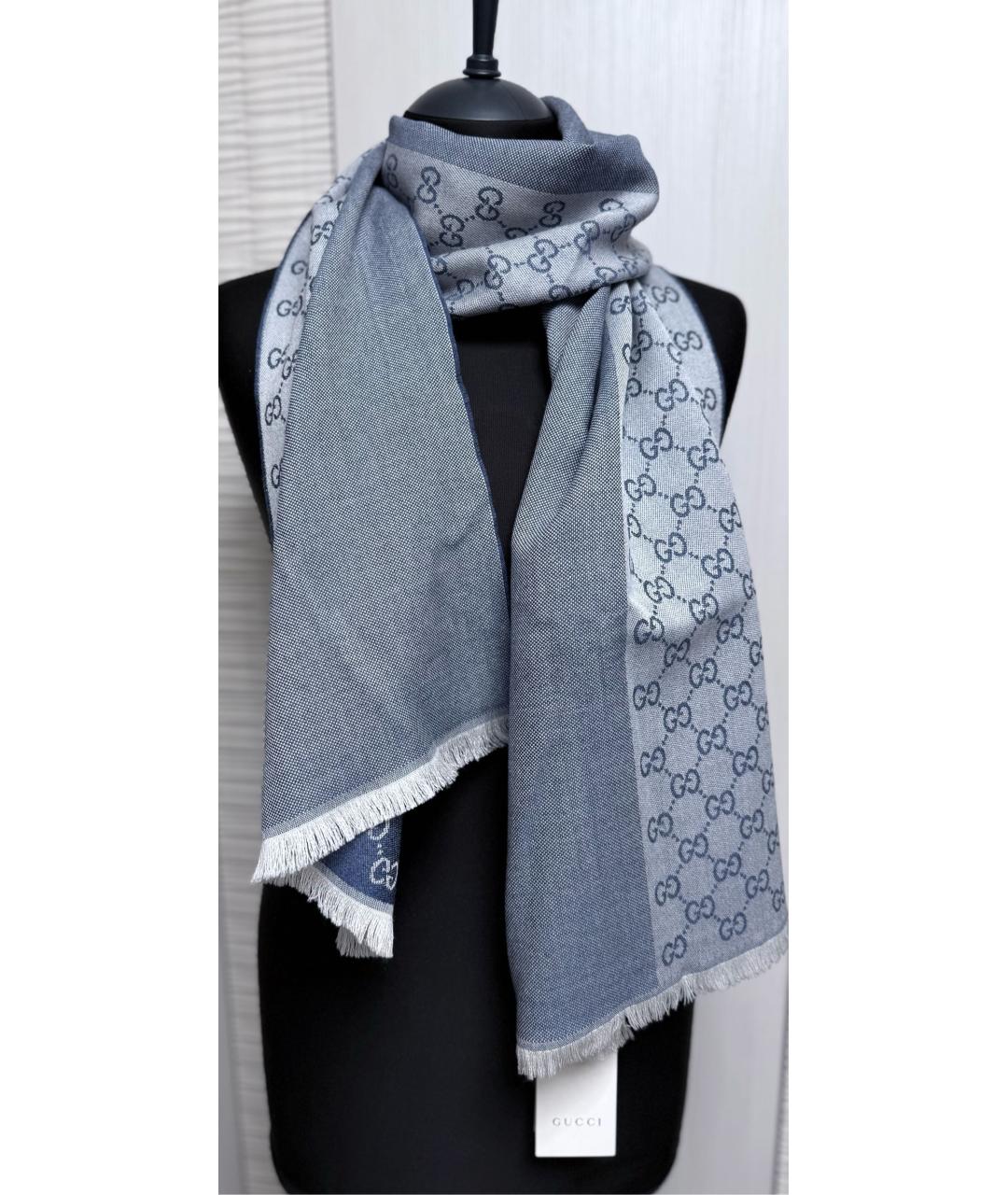 GUCCI Синий шерстяной шарф, фото 9