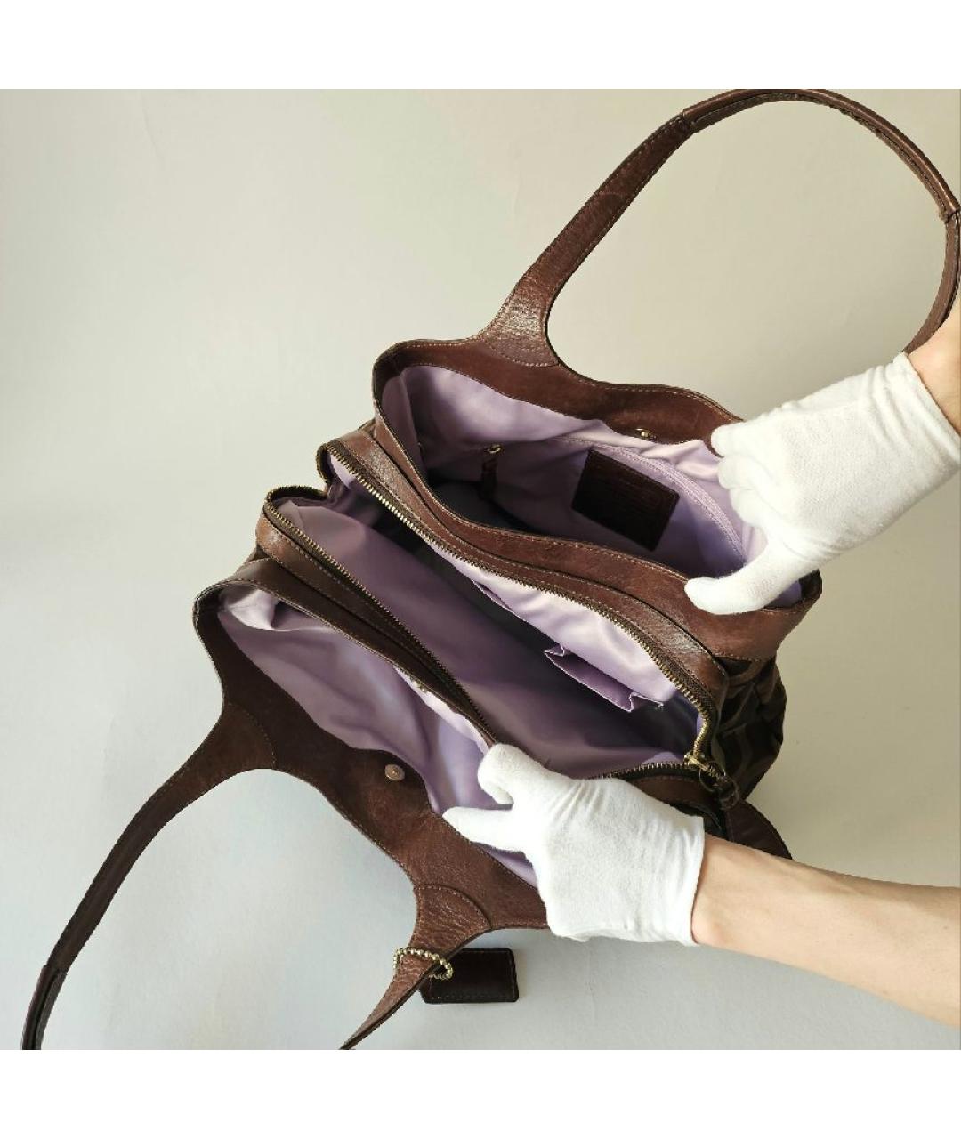 COACH Коричневая тканевая сумка с короткими ручками, фото 7