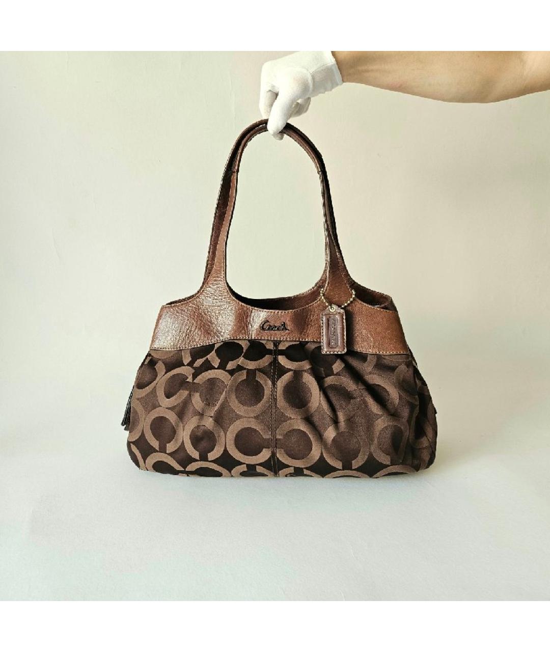 COACH Коричневая тканевая сумка с короткими ручками, фото 9