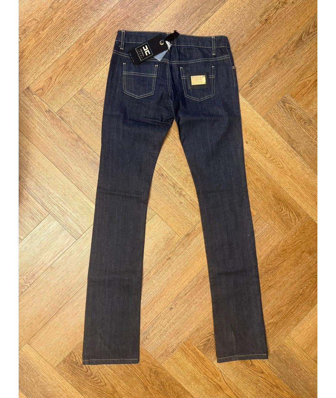 ELISABETTA FRANCHI Темно-синие хлопко-эластановые прямые джинсы, фото 2