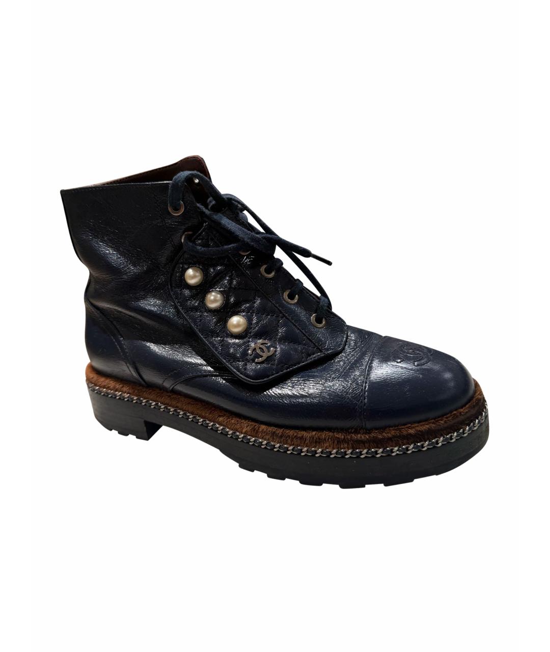 CHANEL Темно-синие ботинки из лакированной кожи, фото 1