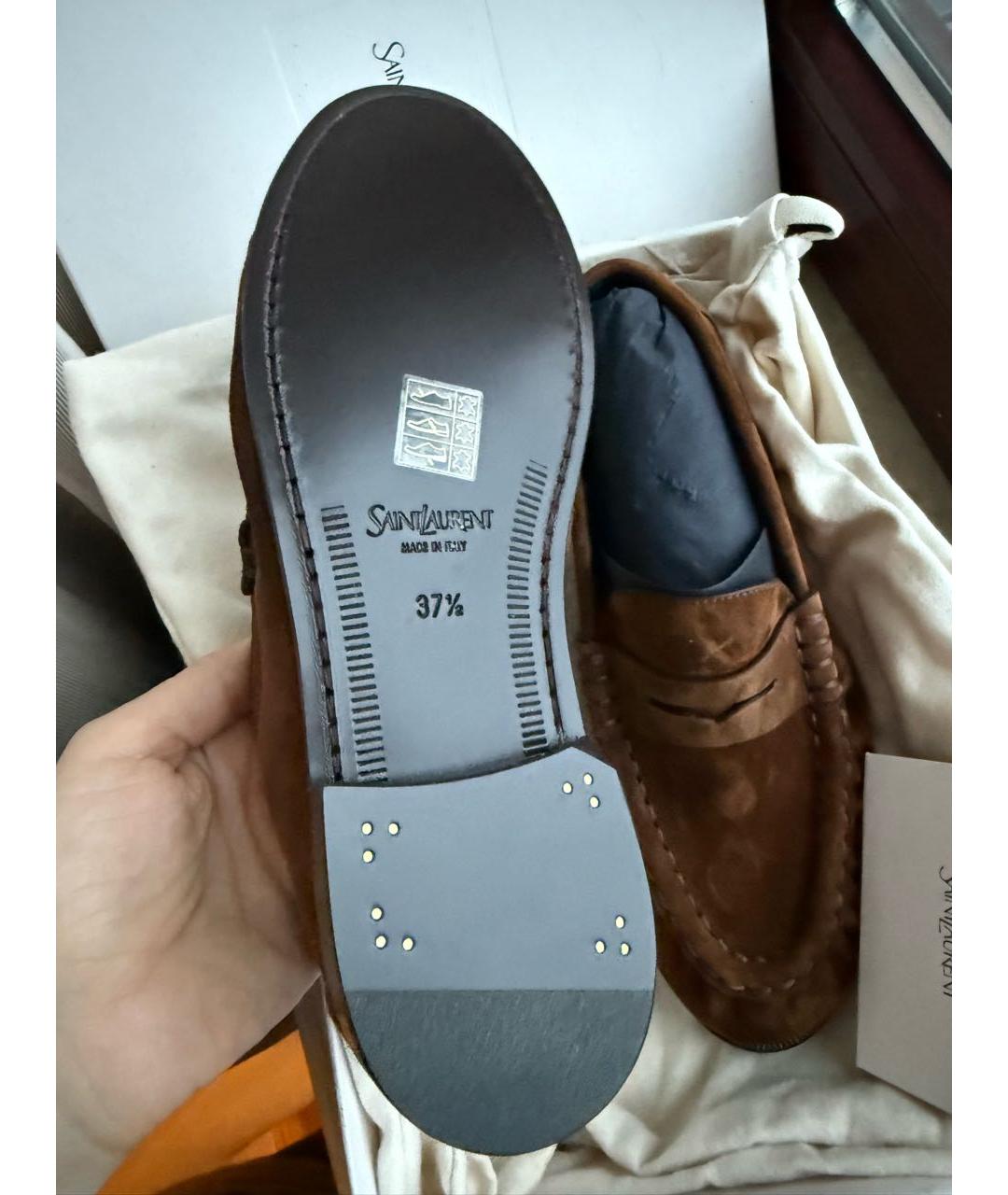 SAINT LAURENT Коричневые замшевые лоферы, фото 6