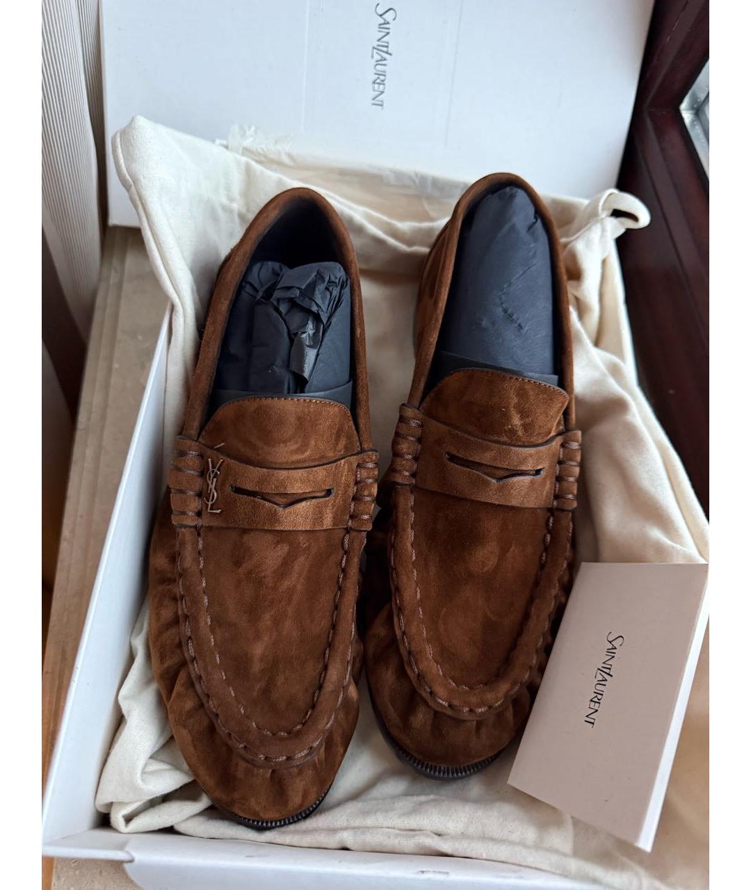 SAINT LAURENT Коричневые замшевые лоферы, фото 8