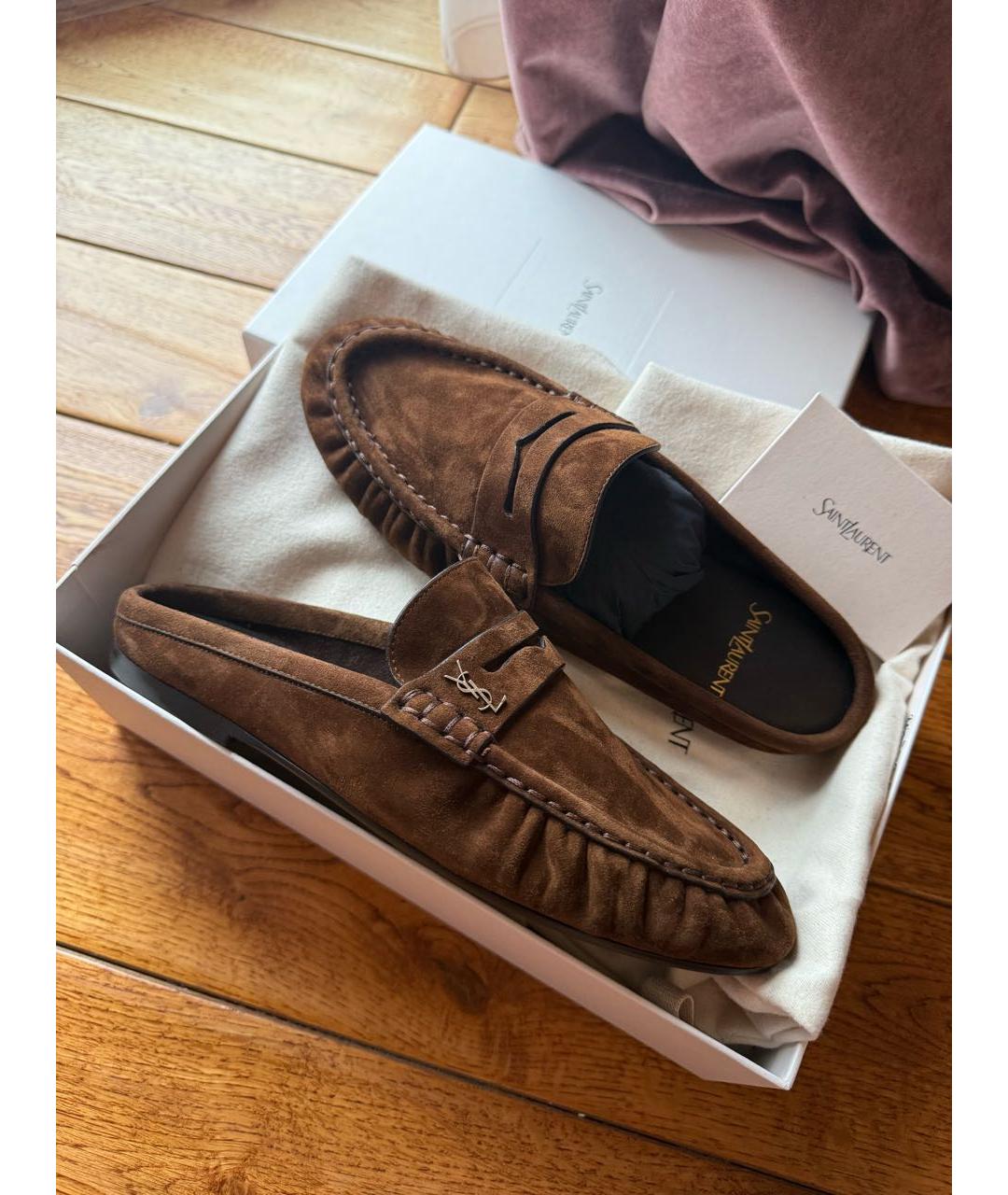 SAINT LAURENT Коричневые замшевые мюли, фото 7