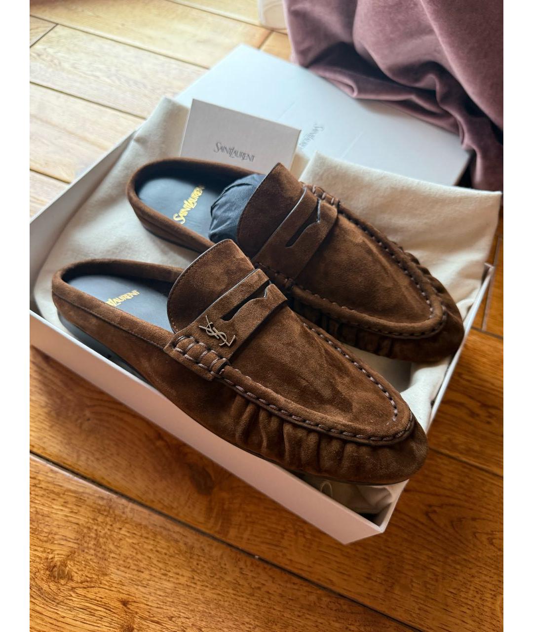 SAINT LAURENT Коричневые замшевые мюли, фото 6