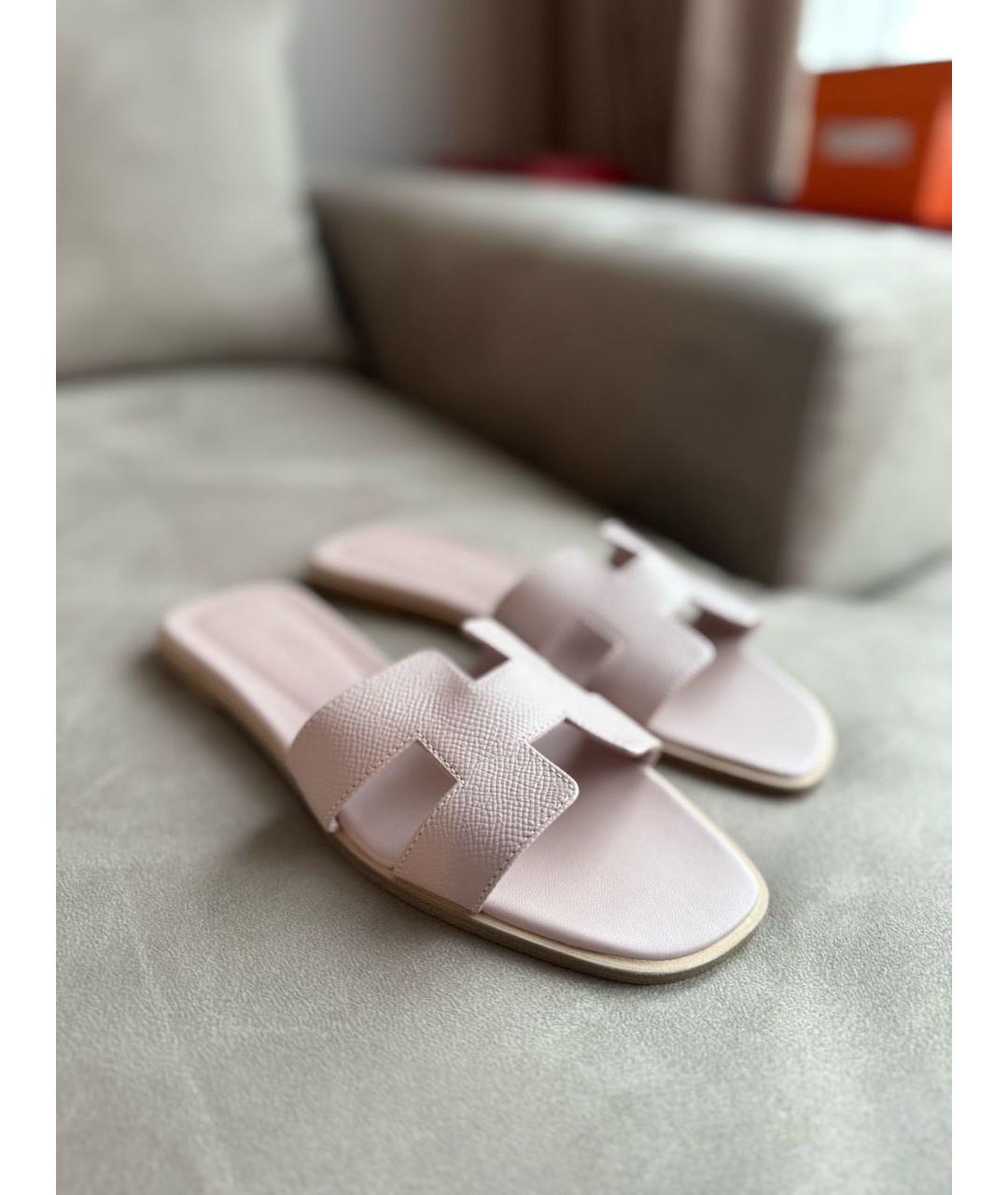 HERMES Розовые кожаные шлепанцы, фото 4