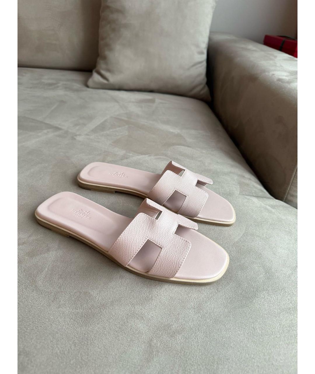 HERMES Розовые кожаные шлепанцы, фото 5