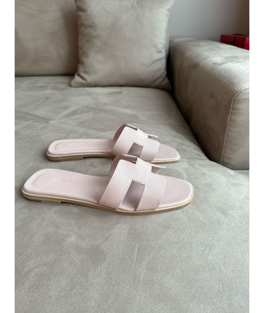 HERMES Розовые кожаные шлепанцы, фото 2