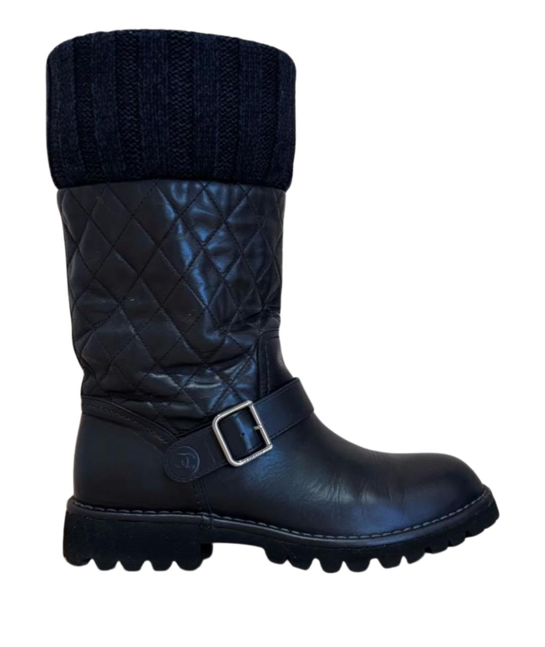 CHANEL Темно-синие кожаные сапоги, фото 1