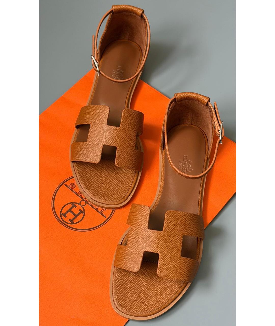 HERMES Коричневые кожаные босоножки, фото 2