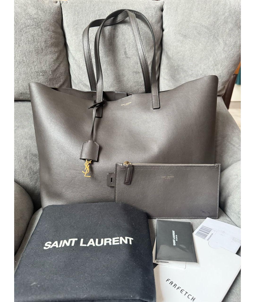SAINT LAURENT Антрацитовая кожаная сумка тоут, фото 2