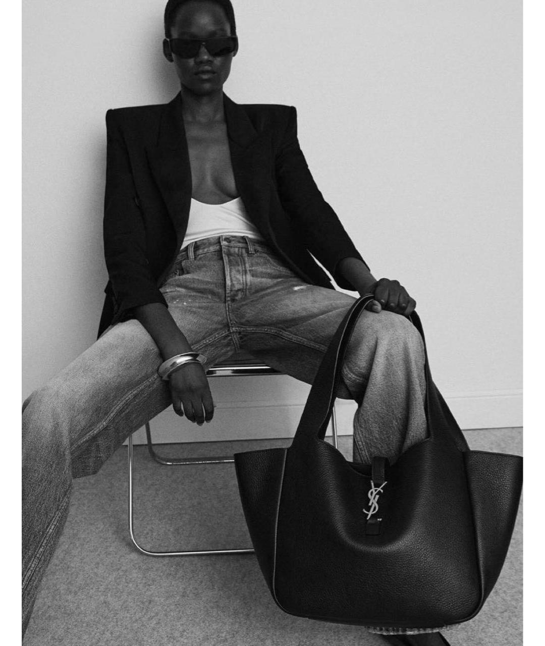 SAINT LAURENT Черная кожаная сумка тоут, фото 4