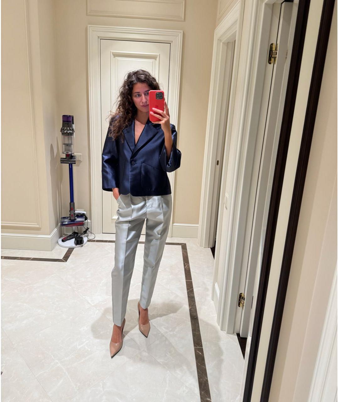 EMPORIO ARMANI Серебряные атласные прямые брюки, фото 5