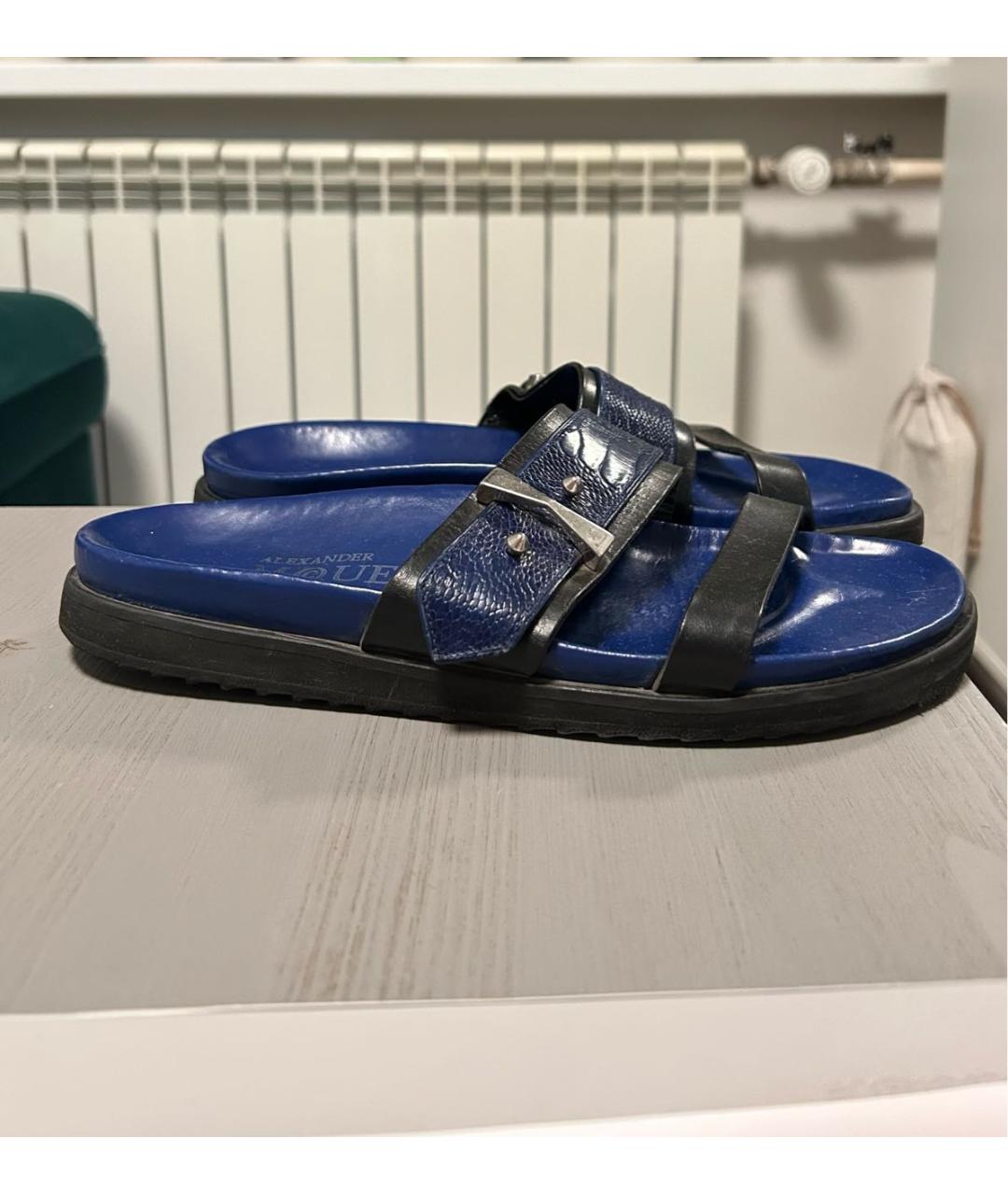 ALEXANDER MCQUEEN Темно-синие кожаные шлепанцы, фото 8