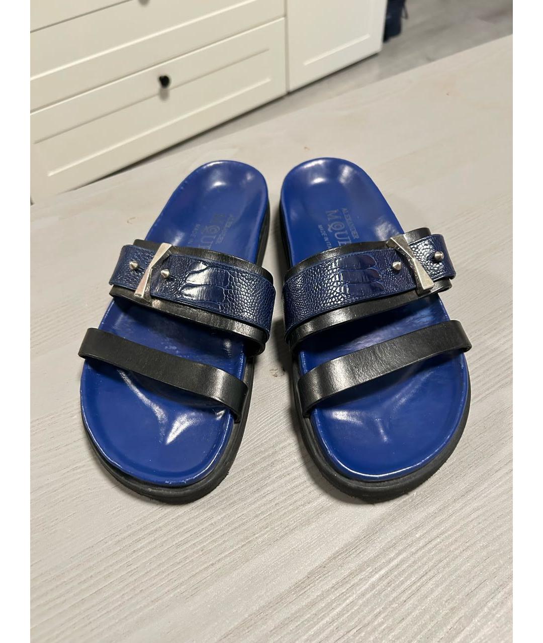 ALEXANDER MCQUEEN Темно-синие кожаные шлепанцы, фото 2