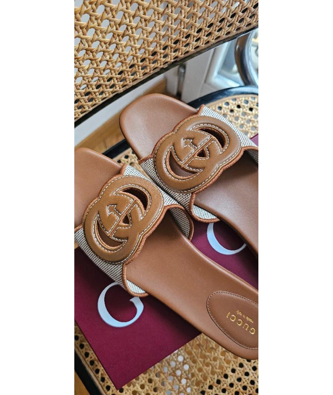 GUCCI Коричневые текстильные шлепанцы, фото 7
