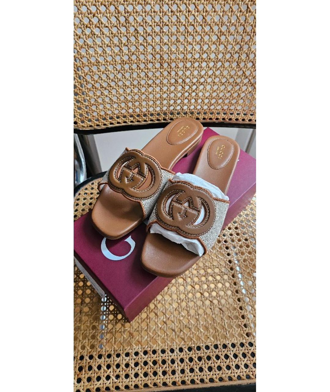 GUCCI Коричневые текстильные шлепанцы, фото 2
