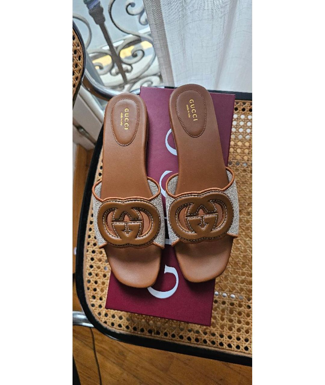 GUCCI Коричневые текстильные шлепанцы, фото 3