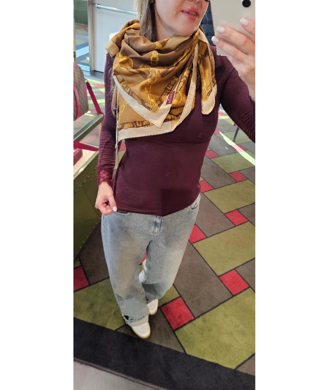 GUCCI Коричневый шелковый платок, фото 9