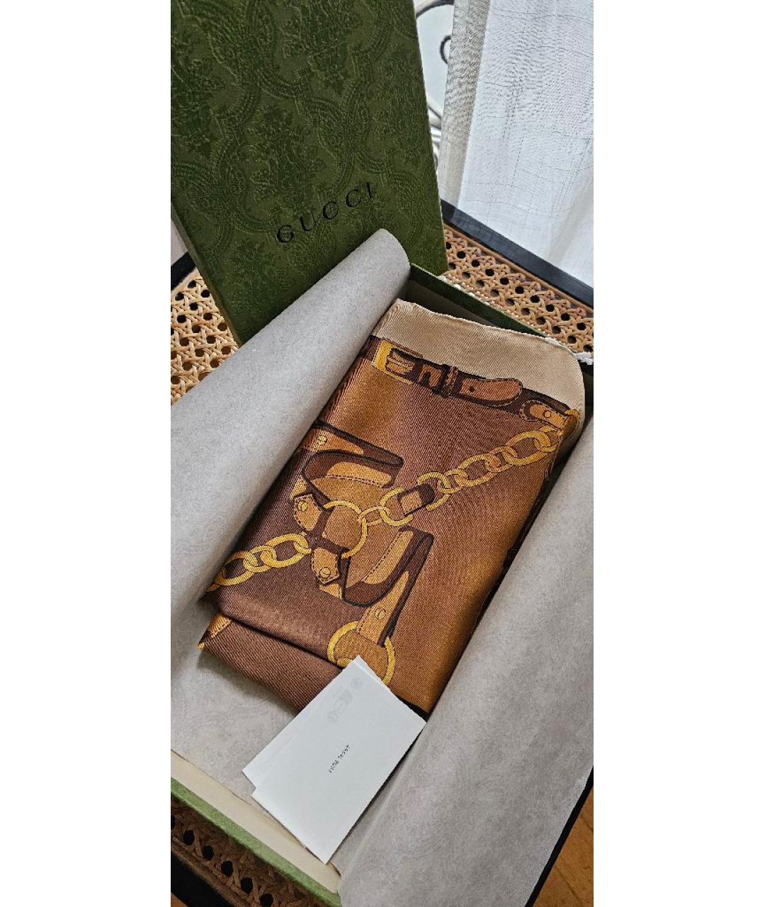 GUCCI Коричневый шелковый платок, фото 10