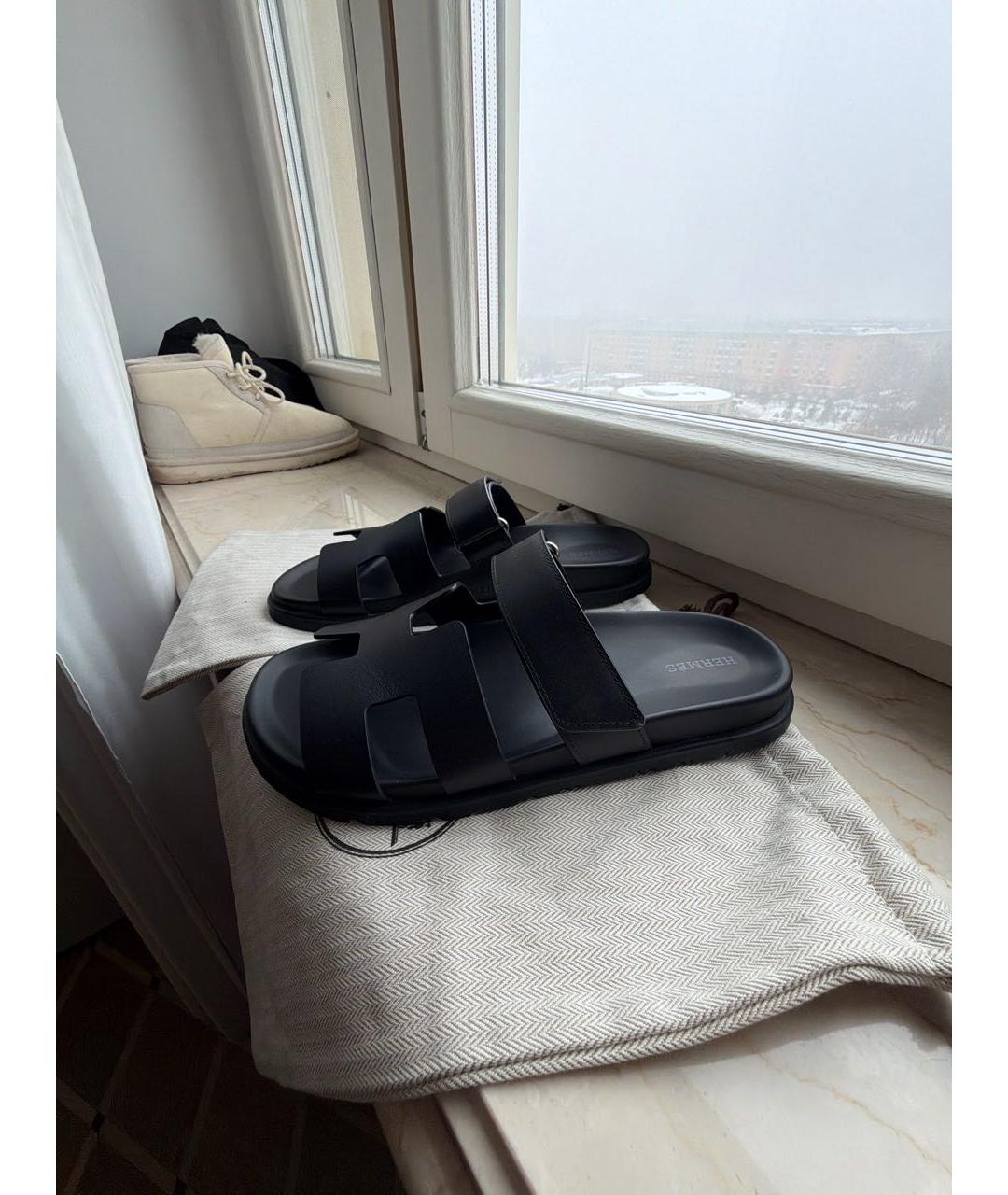 HERMES Черные кожаные сандалии, фото 5