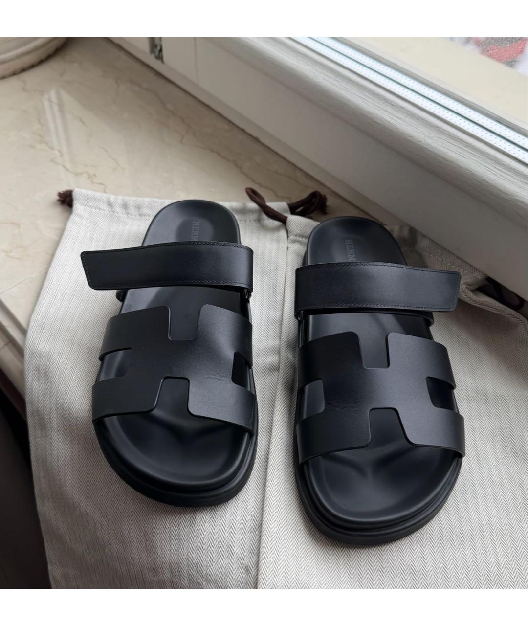 HERMES Черные кожаные сандалии, фото 2