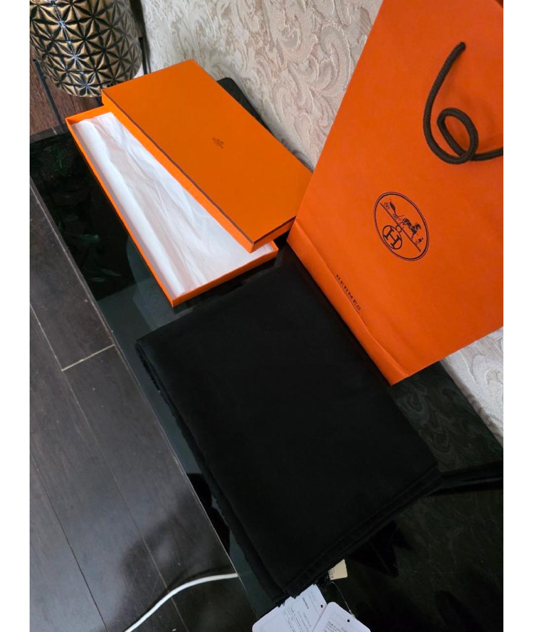 HERMES Черный кашемировый шарф, фото 4