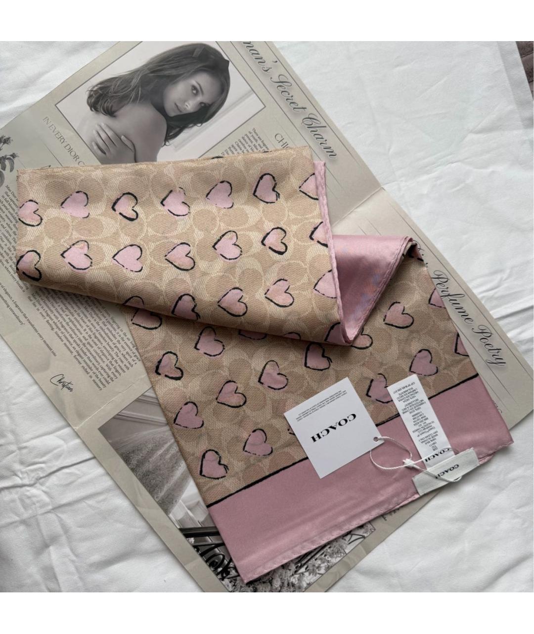 COACH Розовый шелковый платок, фото 3