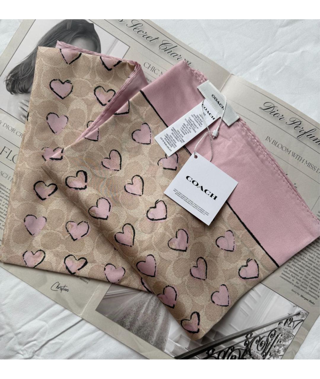 COACH Розовый шелковый платок, фото 2