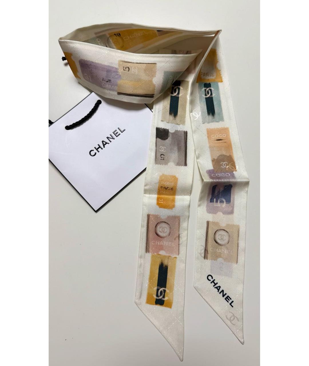 CHANEL Бежевый шелковый шарф, фото 5