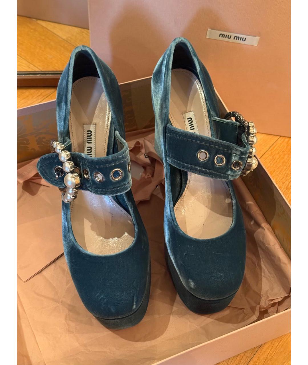MIU MIU Бирюзовые бархатные туфли, фото 5