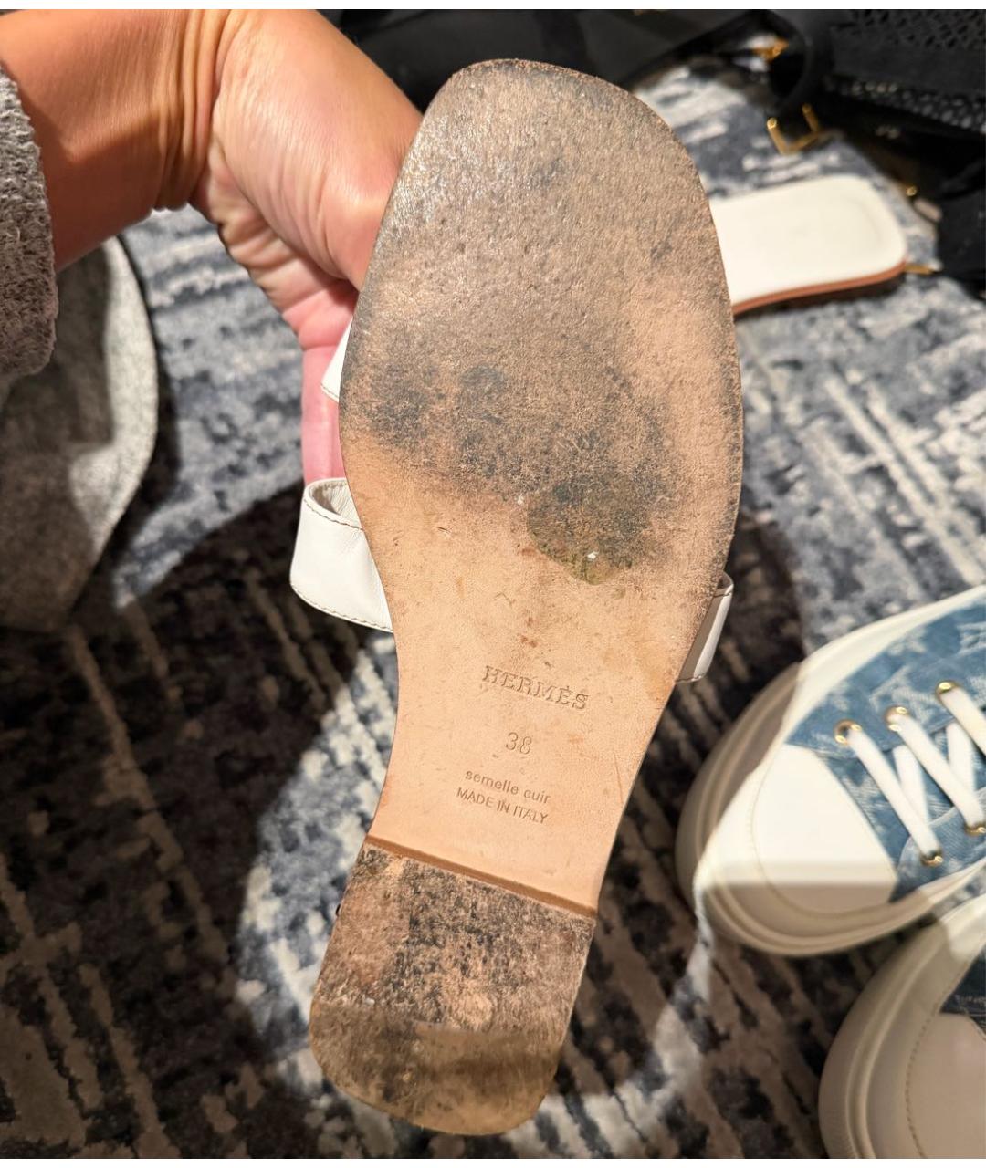 HERMES Белые кожаные шлепанцы, фото 2