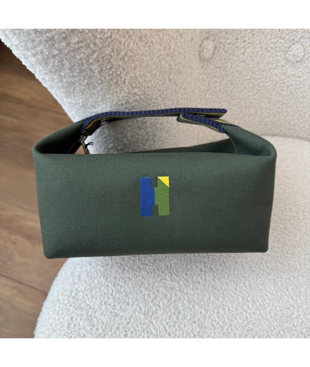 HERMES Зеленая тканевая косметичка, фото 2