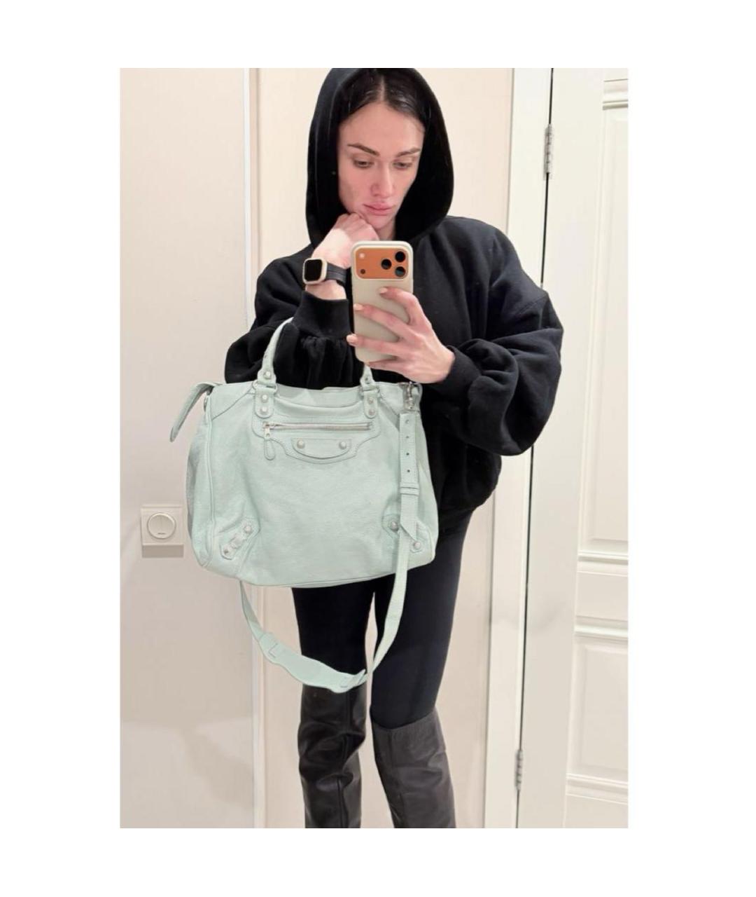 BALENCIAGA Бирюзовая кожаная сумка с короткими ручками, фото 7