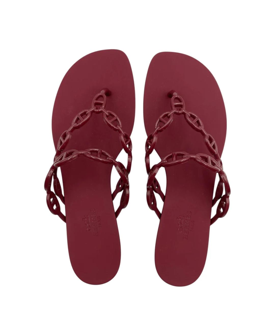 HERMES Бордовые резиновые шлепанцы, фото 5