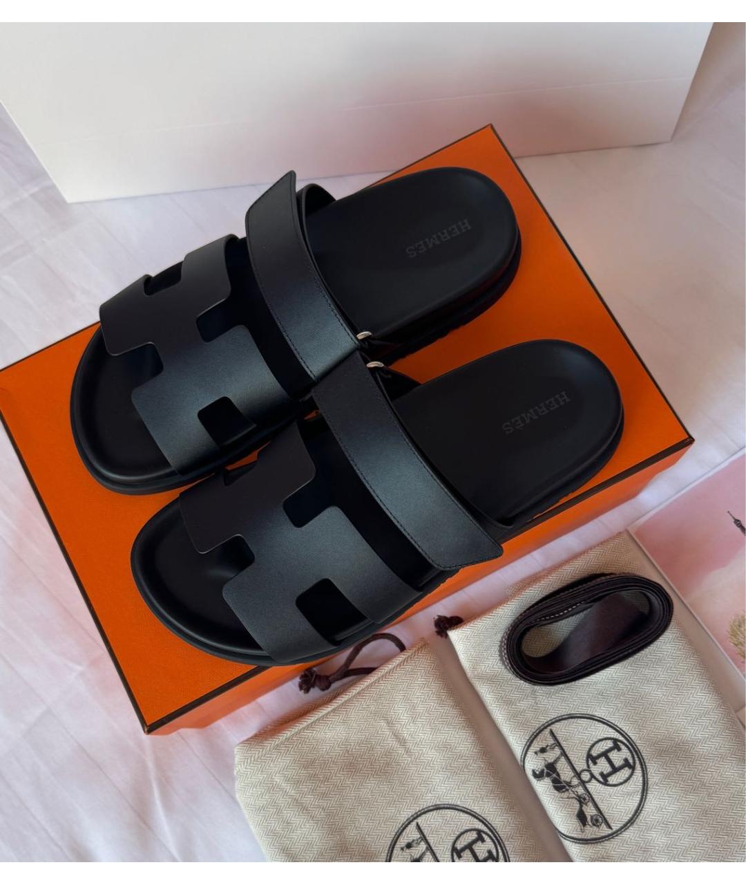 HERMES Черные кожаные шлепанцы, фото 4