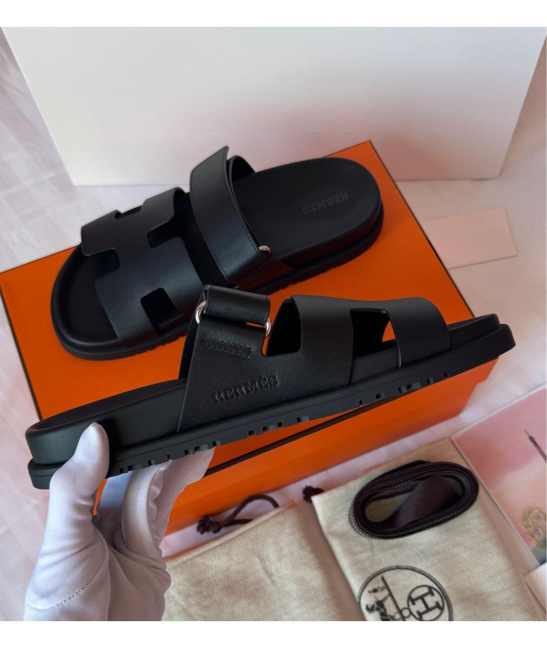 HERMES Черные кожаные шлепанцы, фото 5