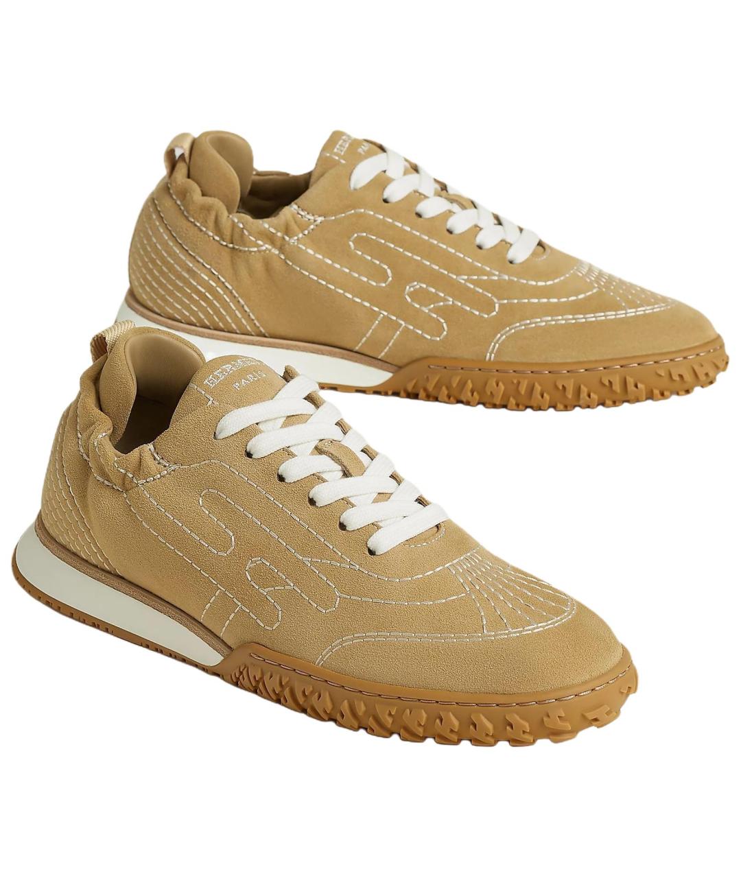 HERMES Бежевые замшевые кроссовки, фото 3