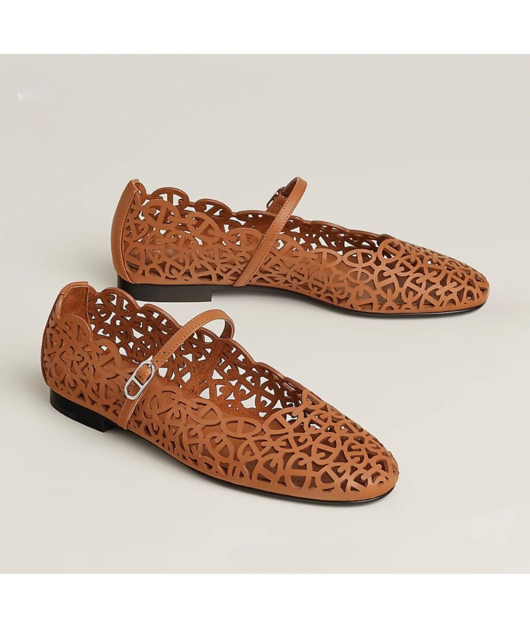 HERMES Коричневые кожаные лодочки на низком каблуке, фото 2